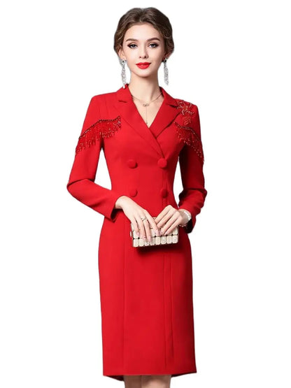 Vestido rojo para mujer Otoño 2024 nuevo traje cuello hecho a mano con cuentas ocasión formal manga larga vestidos de cadera mujeres 24041