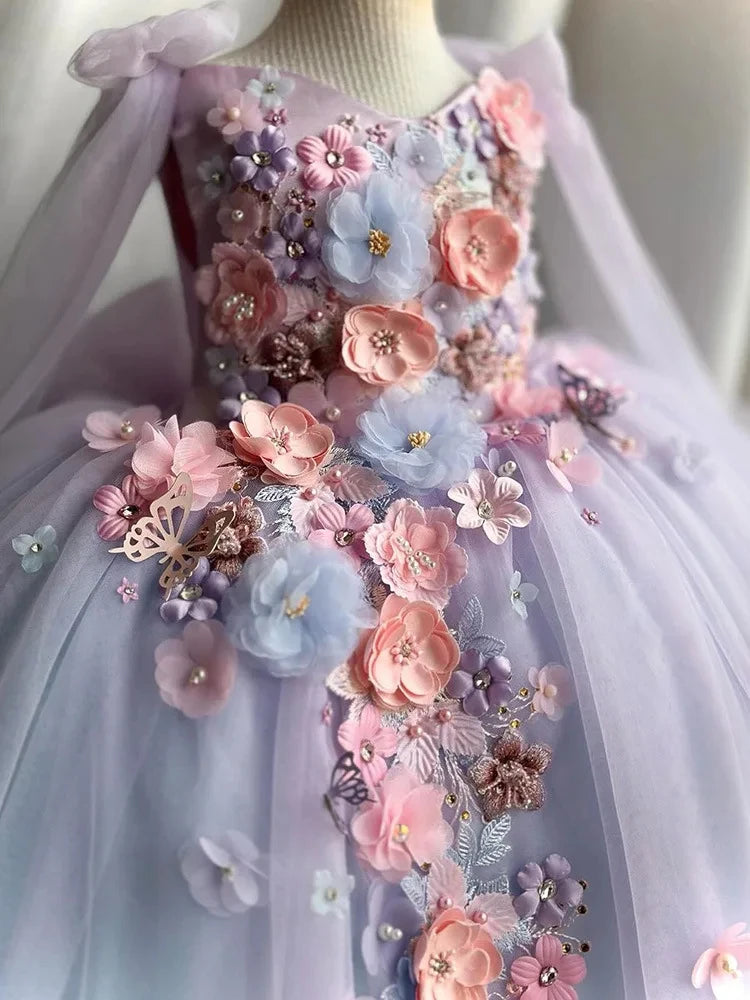 Vestido de gasa de princesa Lolita para niña, con tirantes de perlas y flores bordadas, vestido esponjoso para fiesta de cumpleaños y carnaval, ropa de actuación