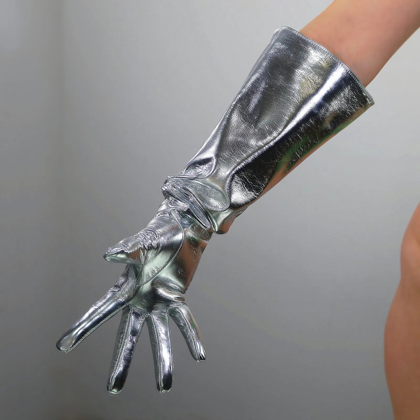 DooWay Unisex Metallic Silver LATEX GLOVES with Puff Sleeves Wide Loose Shine Mirror Elbow Faux Patent Leather Cosplay Glove