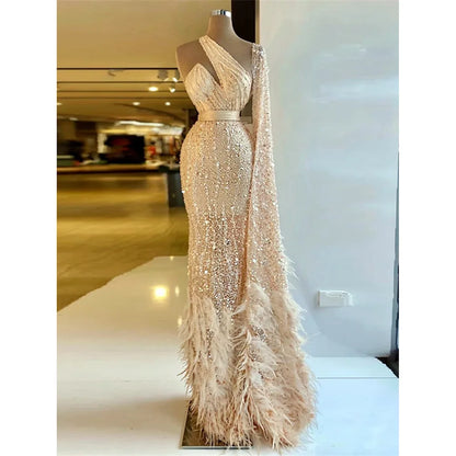 Luxury Feather Glitter Prom Dresses Fashion Halter One-Shoulder Sequins Evening Dresses Custom Made Floor Length Party Gowns