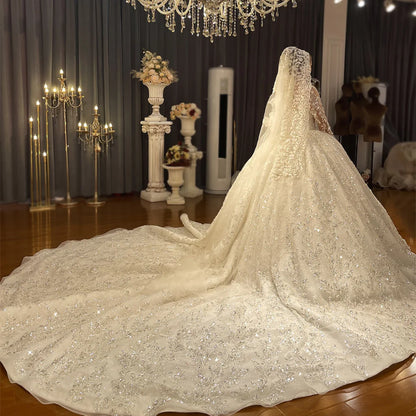 Hermoso vestido de novia de corte A para mujer, con apliques de lentejuelas, vestido de novia con cuello redondo, falda de cola de corte, vestidos de manga larga