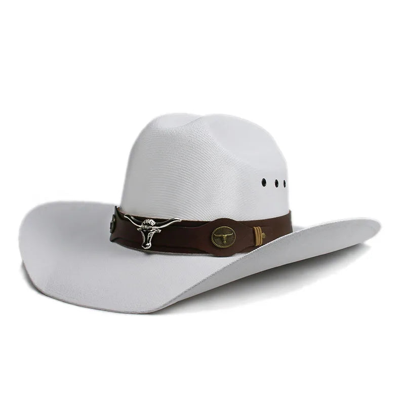 Retro Big OX Head Cowhead Leather Band Men Women Yellowstone Beach American Western Cowboy Sun Hat Pinch Front Wide Brim 57-61cm