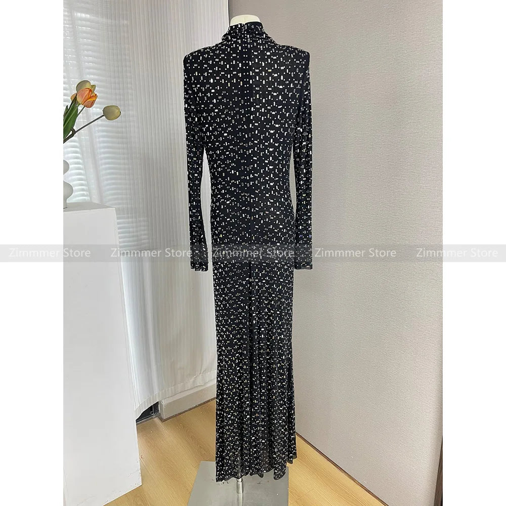 Elegant Sexy Heavy Drilling High Neck Flared Sleeve Slim Package Hip Long Fishtail Gown Dress