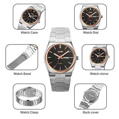 Reloj de cuarzo Skmei para hombre, informal, de acero inoxidable, con fecha y semana, resistente al agua, 9288