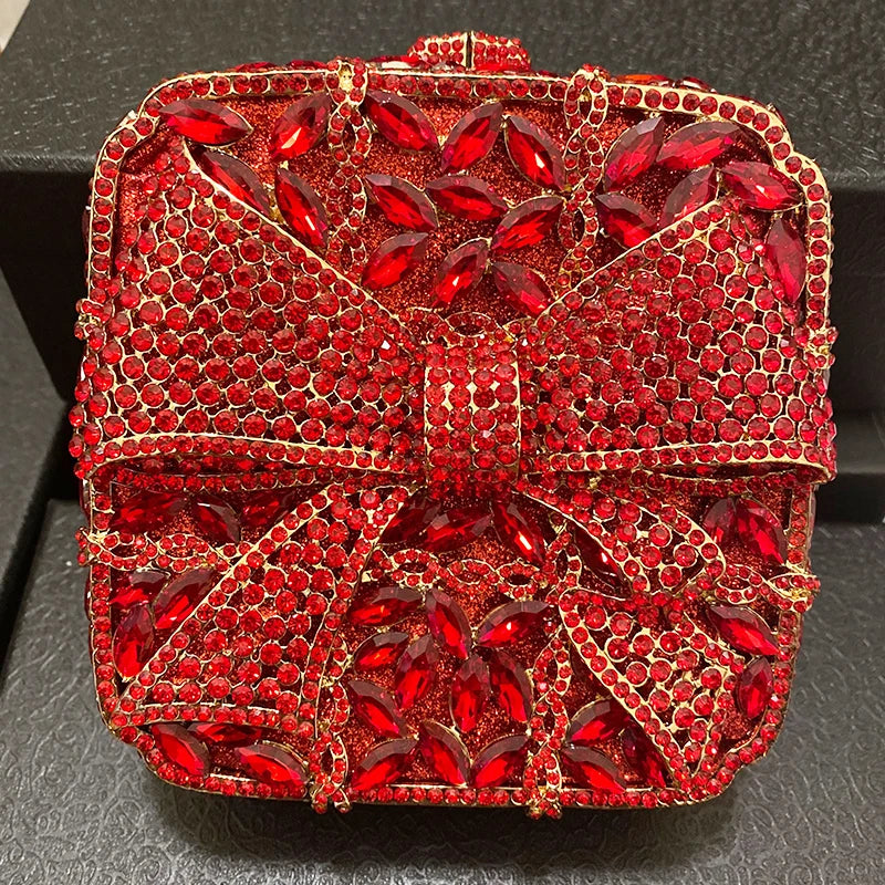 Luxury Red Rhinestone Women Wedding Bridal Purses New Fashion Bow Crystal Clutches Square Diamond Evening Bag Party Prom Handbag