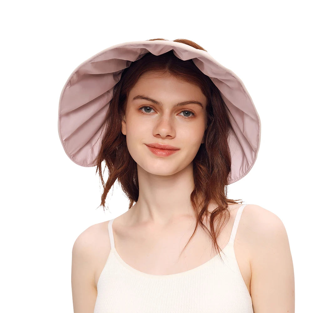 OhSunny - Gorro con cinta para la cabeza con tiras para atar, plegable, con forma de concha, para mujer, 2024, protección facial completa, parte superior vacía, ala grande, sombrero de playa anti-UV