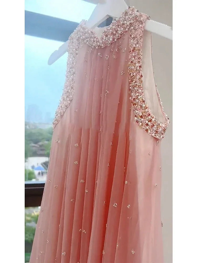 Vestido largo de fiesta rosa dulce de línea A suelto sin mangas con cuello redondo y cuentas de industria pesada estilo hada de moda para mujer verano 2024