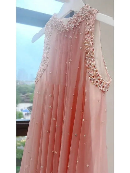 Robe longue de soirée rose à col rond et manches courtes pour femme, tenue de soirée ample et douce, style féerique et industriel, avec perles, été 2024