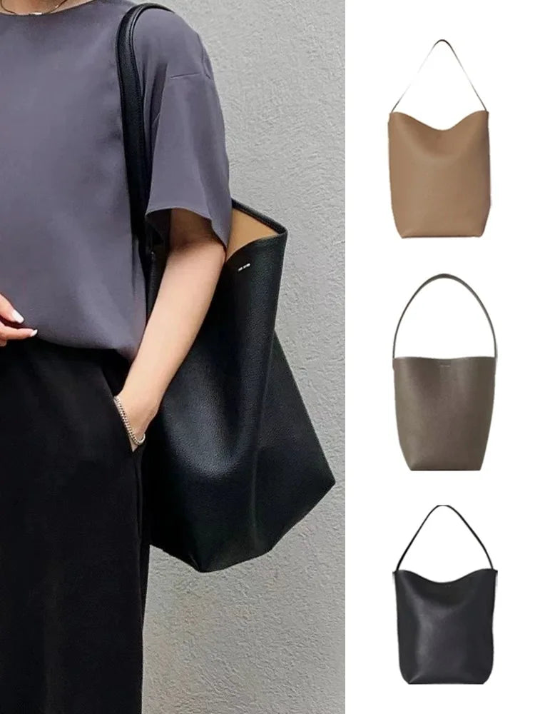 2024 New Bucket Bag Senior Shoulder Handbag Litchi Grain Cowhide Large Capacity Tote Bag Female