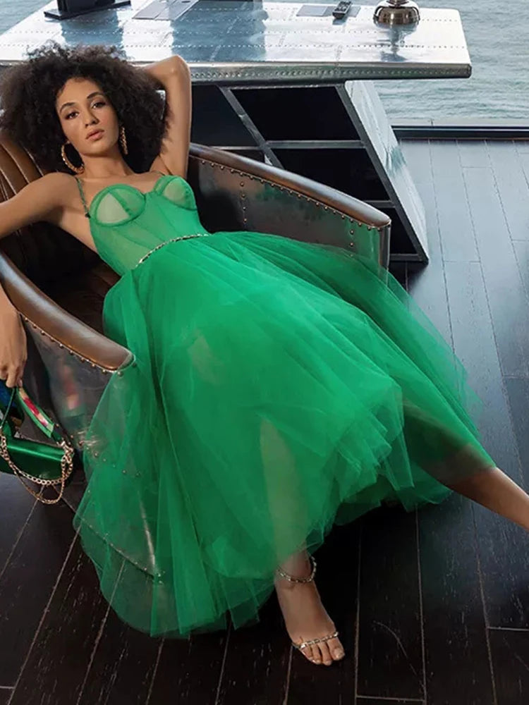 2024 Spring Summer Dress Women Green V-Neck Long Dresses Casual Sleeveless Party Dress for Formal Occasions