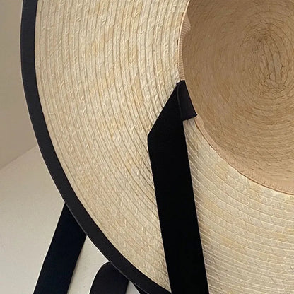 Nueva gorra con visera plana con cinta negra hecha a mano con girasol vintage para mujer, sombrero de sol de moda de verano para vacaciones de alta calidad