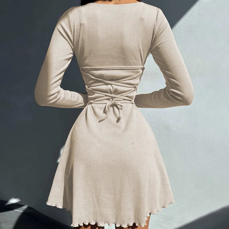 Cryptographic Solid Knitted Mini Dress for Women Elegant Outfits Fall Long Sleeve Bandage A-Line Vestido Plunge Dresses Clothes