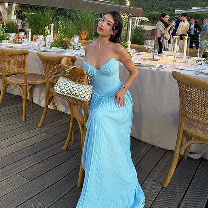 Elegant Pleated Long Wedding Guest Dress Backless V-neck For Women Ruched Cami Dress 2024 Summer Evening Party Dress