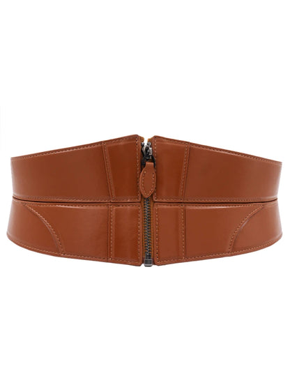 Ceinture large élastique rétro en cuir véritable marron clair pour femme, style rococo, fermeture éclair, taille ajustée, cuir de vache