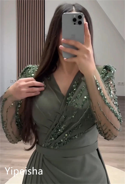 Evening  Sexy Casual  Jersey Sequined Beading Ruched Evening A-line V-neck Bespoke Occasion Gown Long Dresses