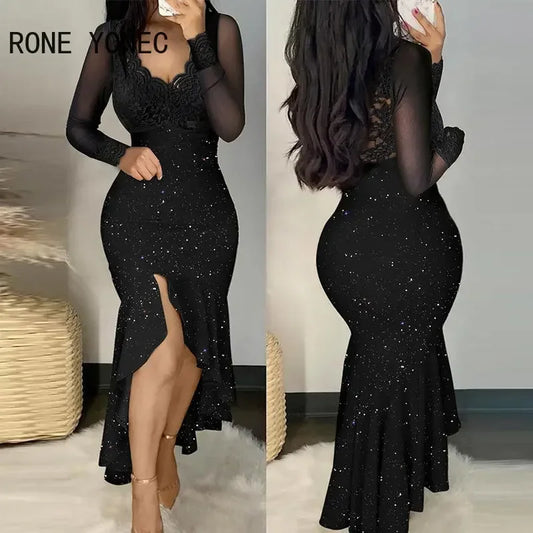 Women Glitter Chic Lace  V Neck Long Sleeves High Silt Maxi Mermaid Bodycon Formal Party Dresses