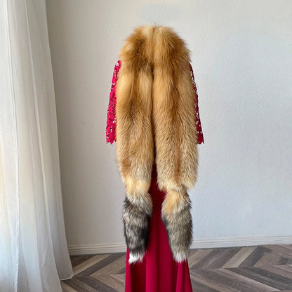 2023 femmes printemps hiver véritable fourrure de renard longue écharpe mode véritable fourrure de renard argenté plus grand col luxe naturel fourrure de renard rouge châle