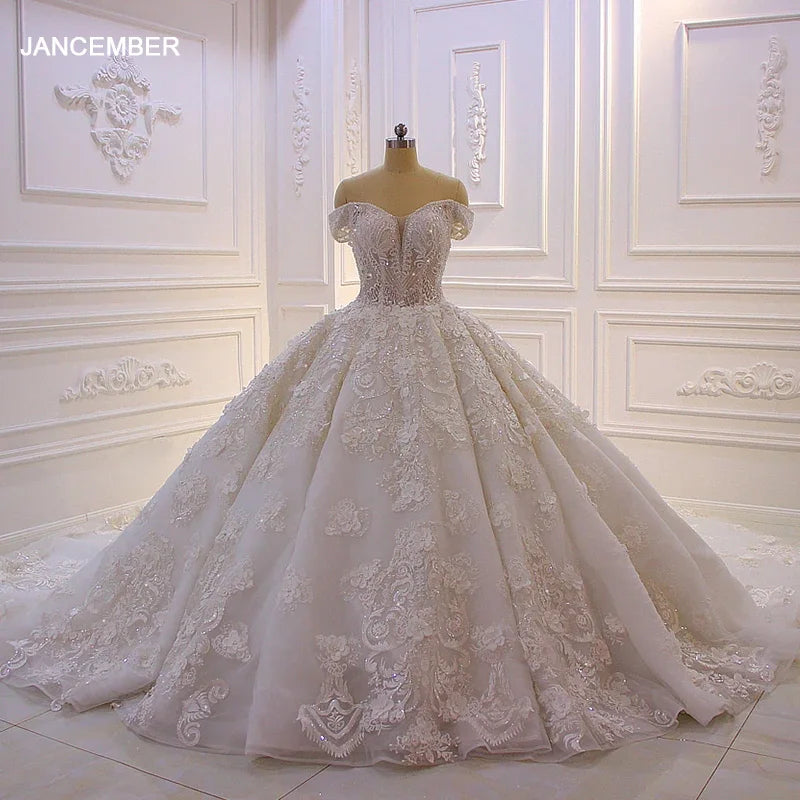 Jancember - Vestido de novia de princesa con escote en forma de corazón, color blanco, manga corta, encaje, lentejuelas, lujo, SS006, 2024