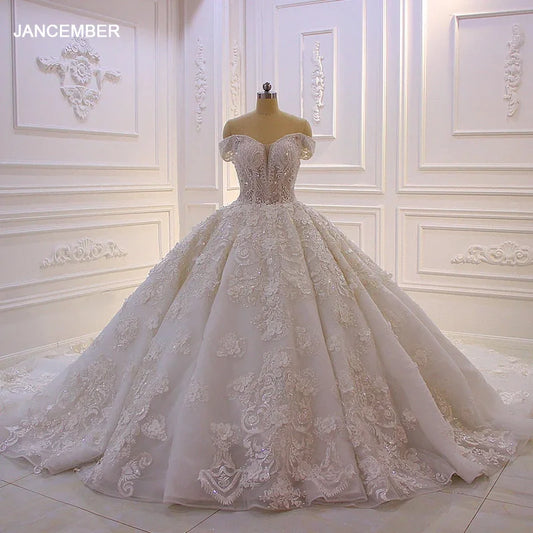 Jancember Robe de mariée princesse blanche en forme de bal 2024, col en cœur, manches courtes, dentelle, paillettes, luxe SS006