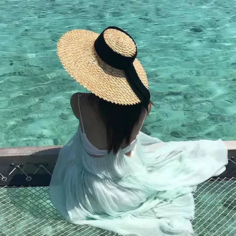 Sombrero de paja natural de ala grande de 18 cm para mujer, sombrero de verano, elegante sombrero para el sol, sombrero de playa con cinta larga, sombrero Derby para espectáculos y vocaciones