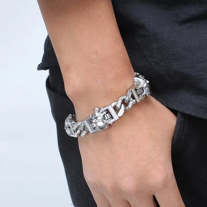 Customized Fashion Men Women Skeleton Silver Color Gold Titanium Steel Creative Skull White Crystal Chain Bracelets Jewelry