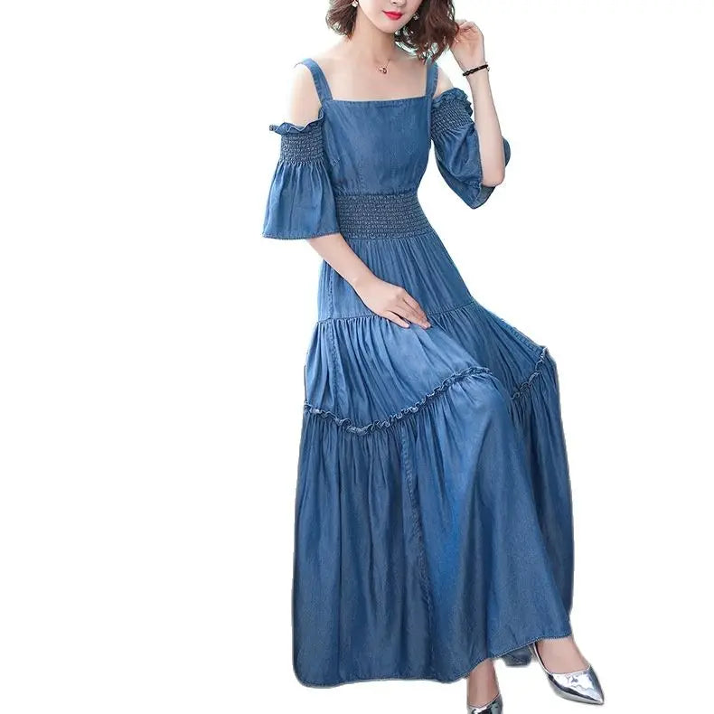 Denim 2023 summer new women's dress sling one word collar silk cowboy long dress