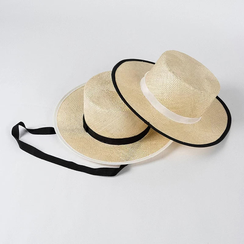 Nuevos sombreros de paja de sisal de verano para mujer, elegante sombrero de playa con cordones y parte superior plana, sombrero de canotier de lujo tejido a mano, gorra de jazz panameña