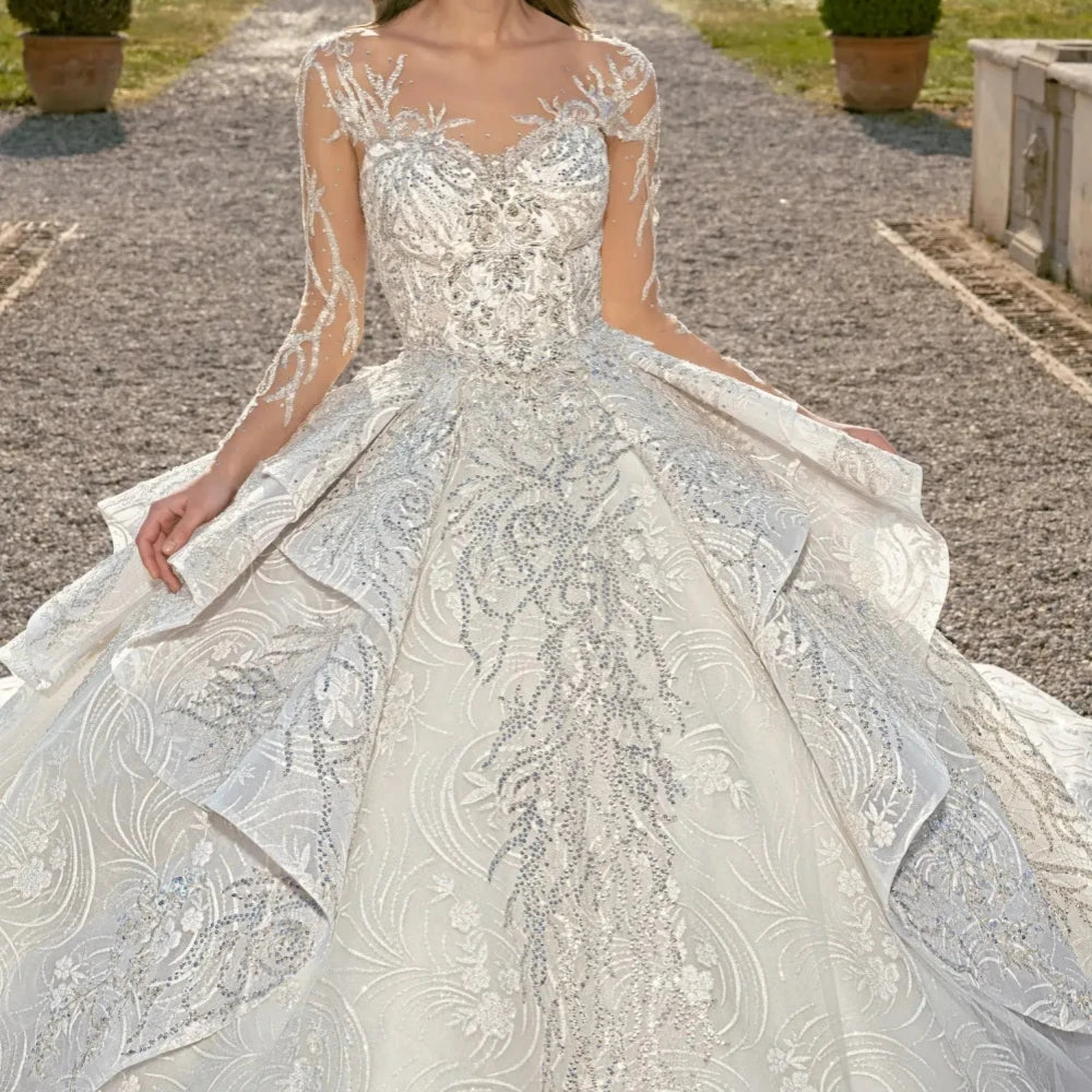 Elegante vestido de novia de manga larga con apliques y escote en V para novia, vestido de novia largo hasta el suelo brillante