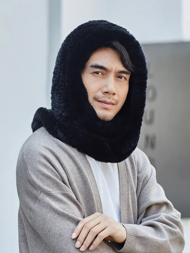 Gorro de piel de conejo Rex auténtica para hombre, bufanda, orejeras cálidas de invierno, gorro de nieve, tocado negro y gris