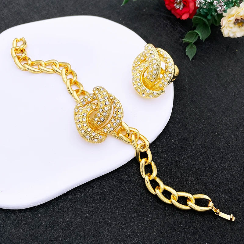 Ensemble de bijoux tendance pour femmes de Dubaï Nigeria Design de luxe Collier plaqué or 18 carats Boucles d'oreilles Bague Bracelet Cadeau de fête de mariage