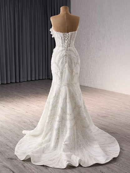 Vestidos de novia de lujo mexicanos con sirena y cola larga desmontable, escote en forma de corazón y perlas de cristal, imagen real, 2025