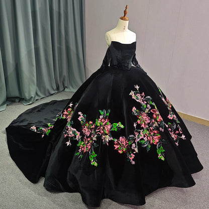 Robe de bal noire en tulle à épaules dénudées, robe de bal à fleurs, robe de soirée, 6708