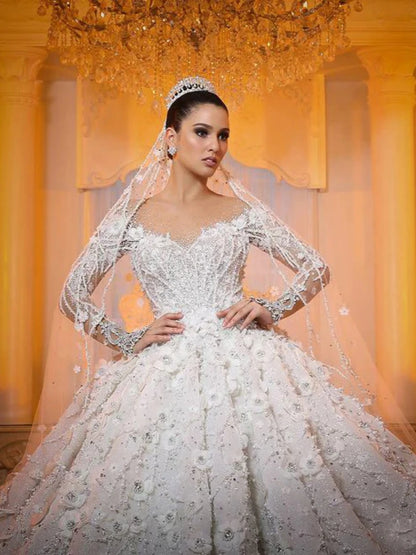 Hermosos vestidos de novia de encaje con escote redondo y apliques de cristales, vestidos de novia de lujo hasta el suelo, vestidos de novia