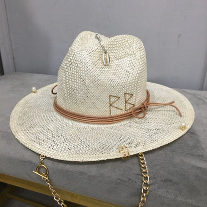 2022 new arrival women's straw hat with chain and pin in summer in the The beach by the sea