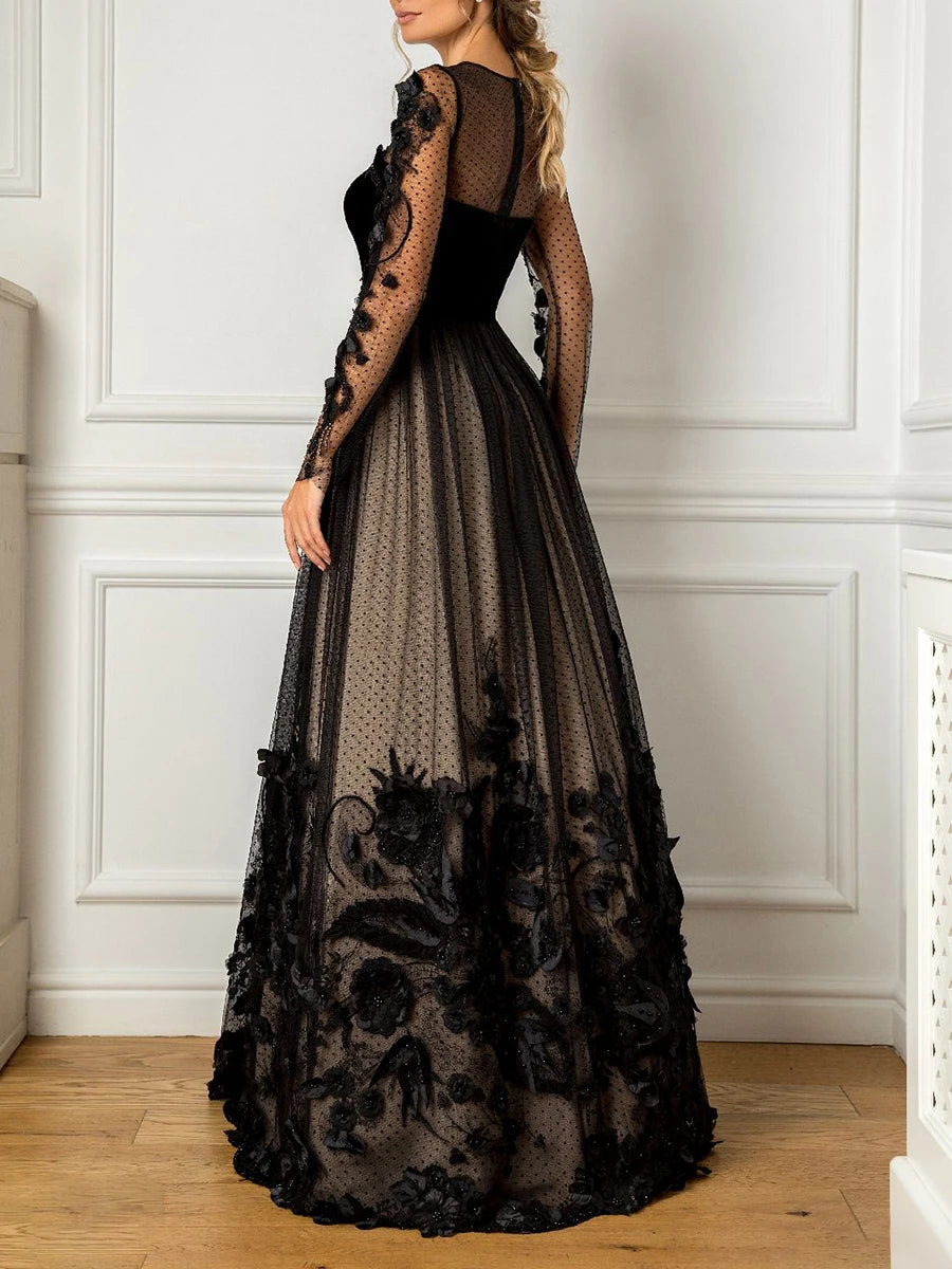 Robe de bal à perles appliquées à manches longues en dentelle pour cocktail, élégante, longueur au sol, illusion, robes de soirée noires pour femmes 2023