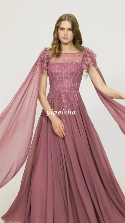 Robe longue en mousseline de soie avec appliques et pompons pour la Saint-Valentin, ligne A, épaules dénudées, sur mesure