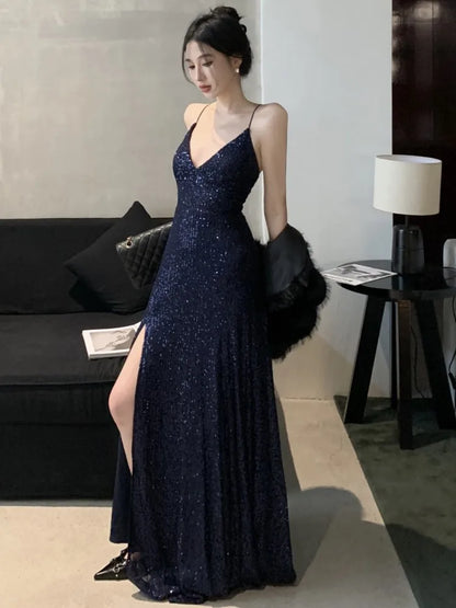 Women's Backless V-Neck Split Maxi Dress Sexy Slim Evening Gown Luxury Dresses Fashion Robe Birthday Party Spring Autumn New