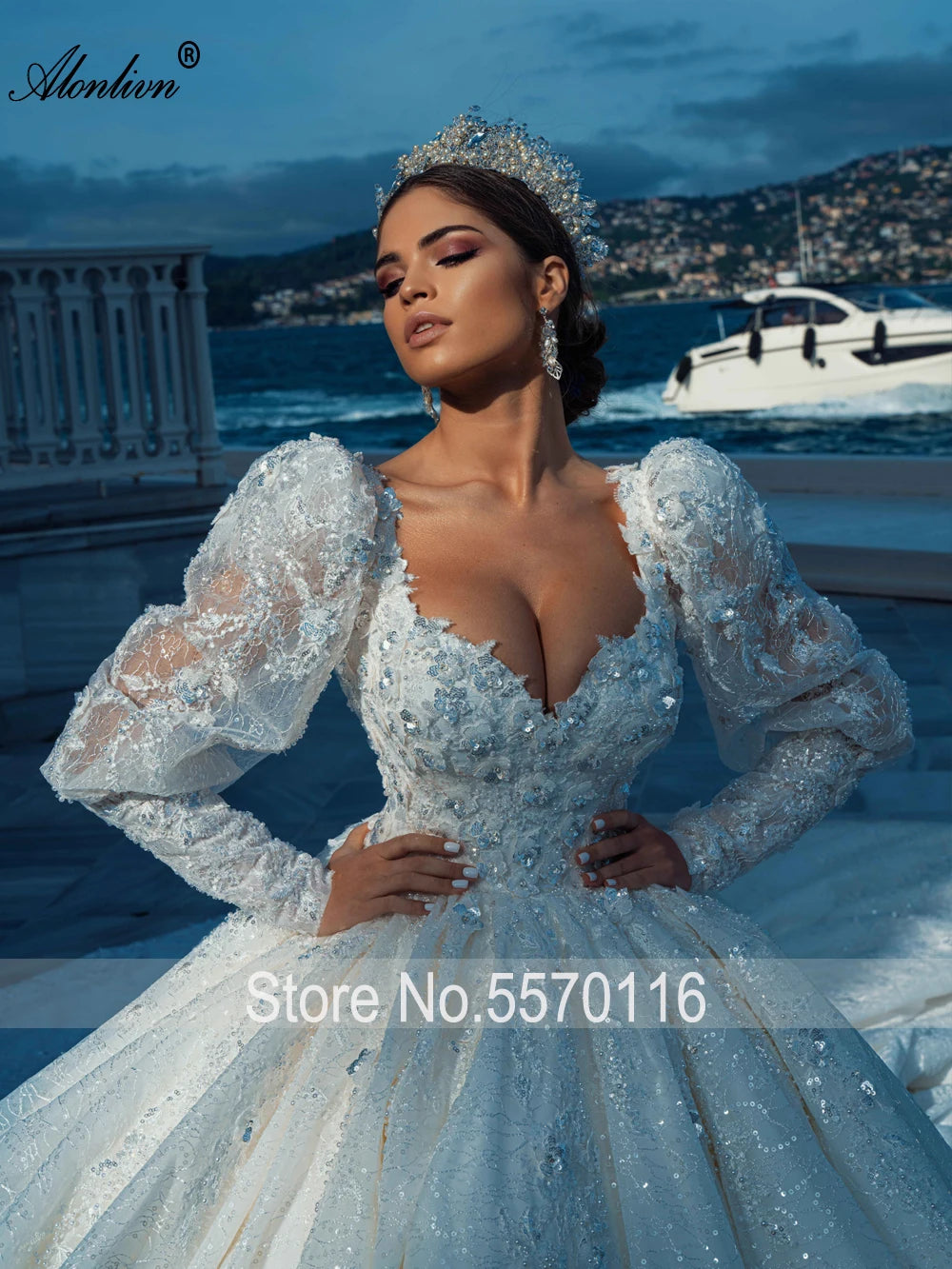 Alonlivn Exquisite Beading Pearls Puff Sleeves Ball Gown Wedding Dresses Sequined Appliques Lace Backless Royal Train For  Bride