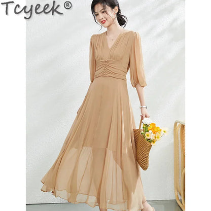 Heavyweight Tcyeek 100% Mulberry Silk Long Dress Women Clothing Elegant and Pretty Women's Fashion Summer Dresses 2024