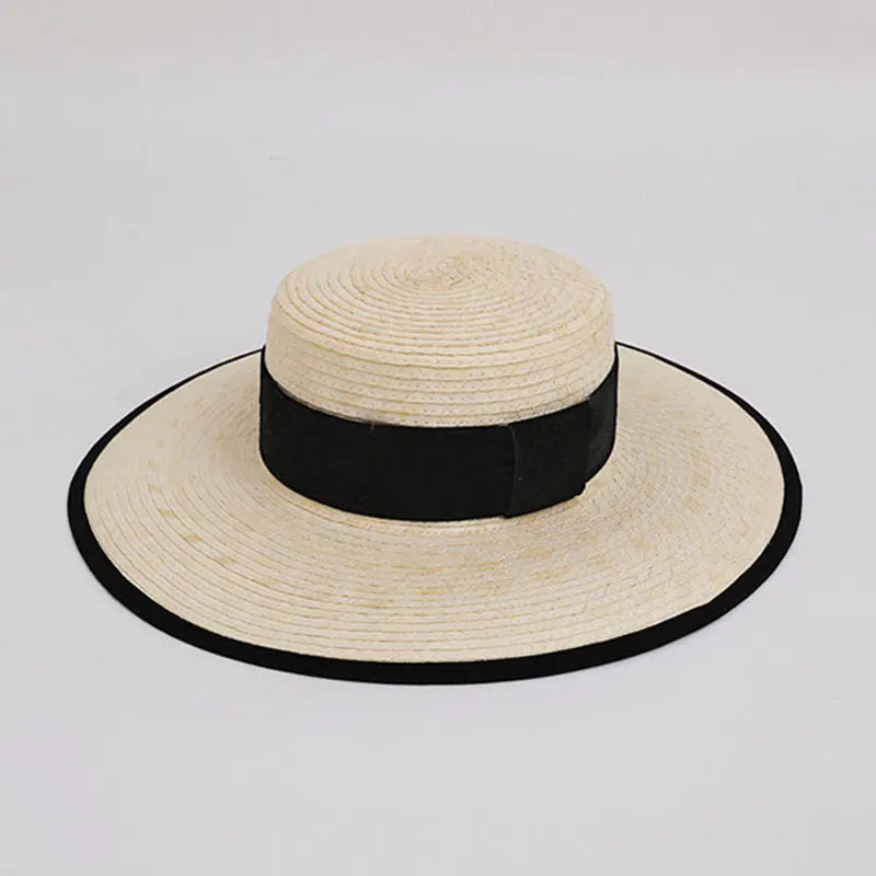 New Vintage Sunflower Grass Handmade Black Ribbon Flat Top Peaked Cap For Women Summer Fashion Holiday Sun Hat High Quality