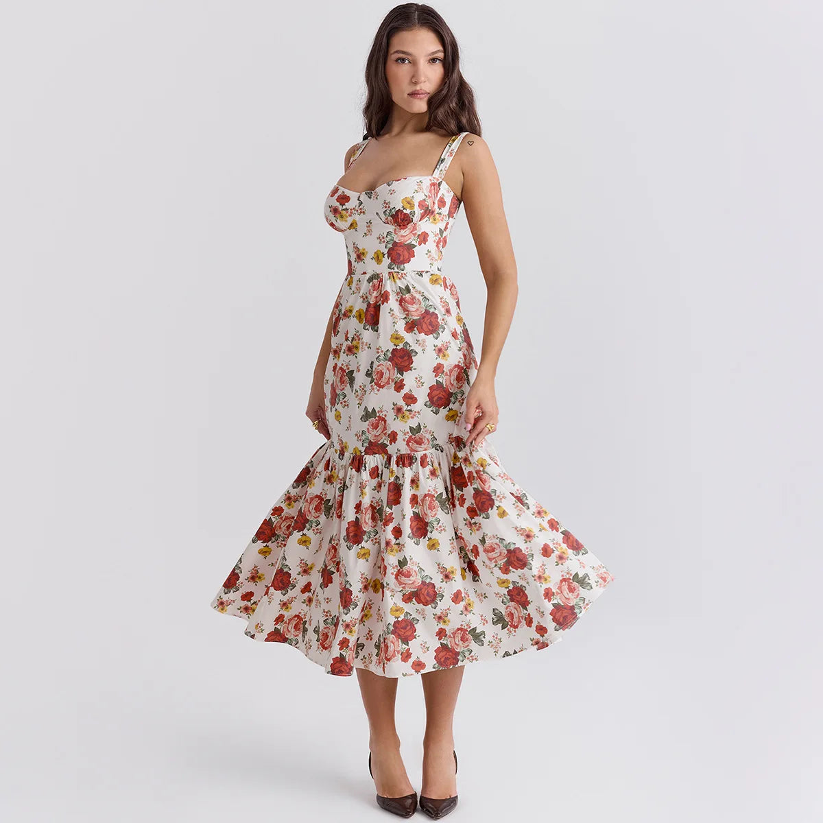 Robe de vacances élégante d'été Oligai 2024 Robe décontractée à volants et ourlets ajustés et évasés avec poche Robe mi-longue à imprimé floral