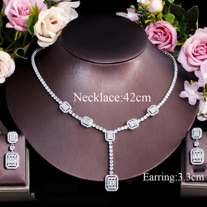 ThreeGraces Geometric Square Earrings Necklace Shiny Cubic Zirconia Crystal Fashion Jewelry Set for Women New Party Gift TZ651