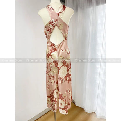 High Quality Temperament Pink Printed Swing Neck Cross Backless Sexy Silk Long Dresses