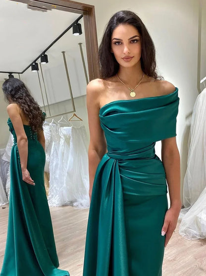 Satin Formal Evening Party Dresses Pleats with Side Train Draped High Slit Prom Dress Elegant Gown Wedding