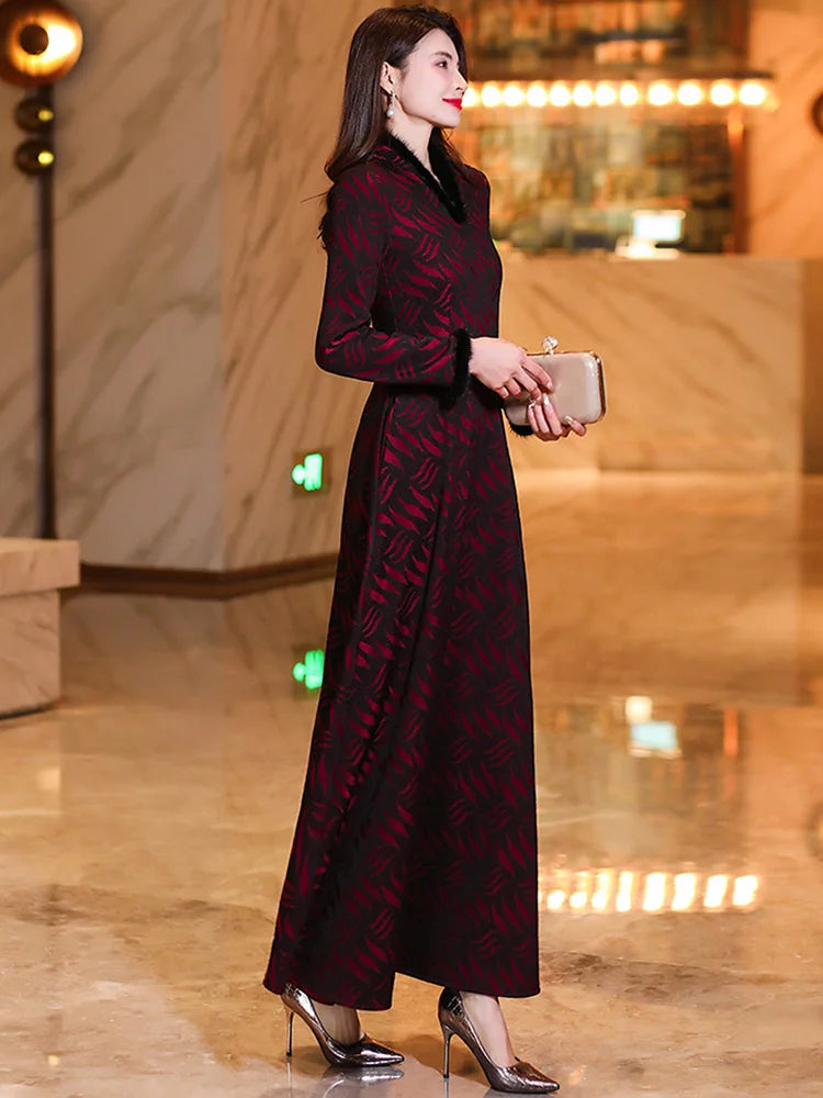 New Women Autumn Winter Plus Velvet Thick Dress Fashion Mink Fur Small V-Neck Long Sleeve Slim Dress Elegant Overlength Dress