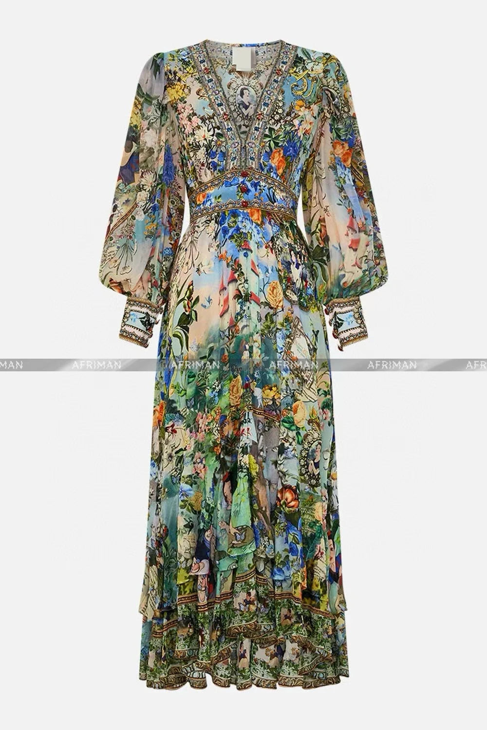 100% Silk Luxurious and Charming Seaside Vacation Dress V-neck Crystal Beaded Cartoon Print Long Dress