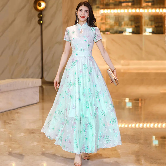 New Women Summer Chinese Style Long Dress Fashion Chi-pao Collar Short Sleeve Ankle-Length Dress Elegant Green Jacquard Dress