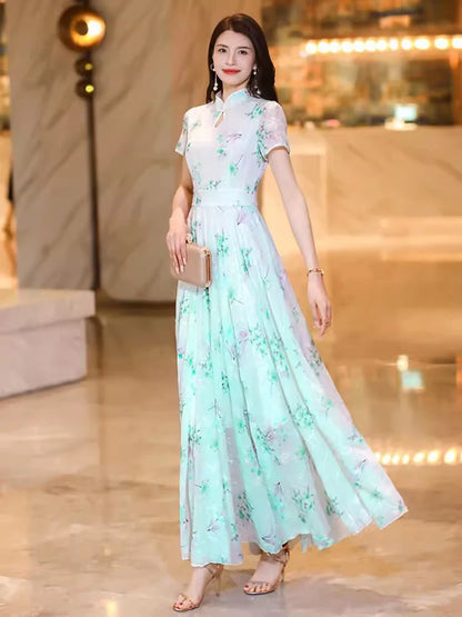 New Women Summer Chinese Style Long Dress Fashion Chi-pao Collar Short Sleeve Ankle-Length Dress Elegant Green Jacquard Dress