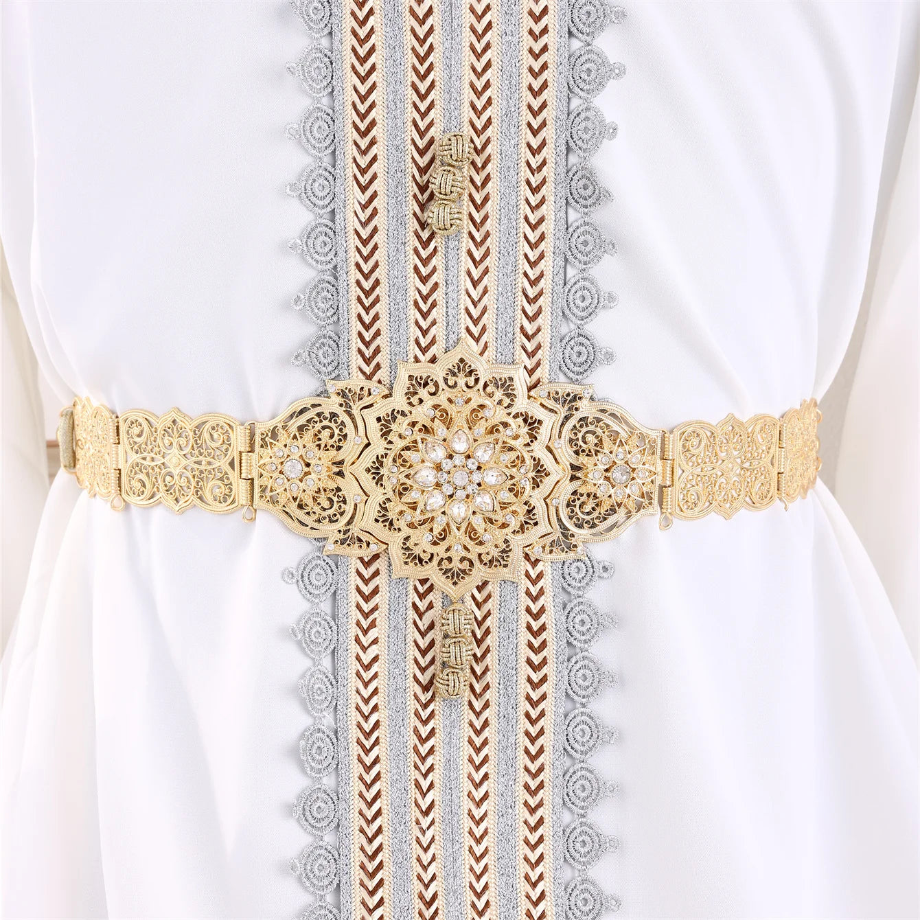 Moroccan Waist Chain Metal Arab Bride Wedding Jewelry Robe Belt Flower-Patterned Rhinestones Embellish Birthday Party Gifts