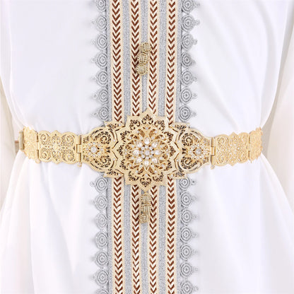 Moroccan Waist Chain Metal Arab Bride Wedding Jewelry Robe Belt Flower-Patterned Rhinestones Embellish Birthday Party Gifts